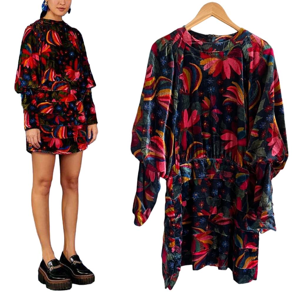 FARM RIO Banana Sky Velvet Dress Layered Skirt Long Sleeves Multicolor XL NWT